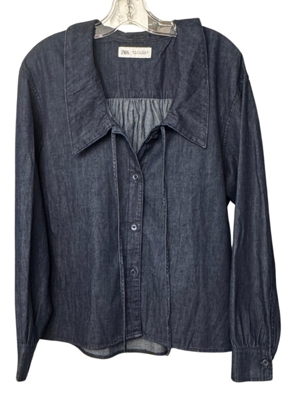 ZARA SHACKET STYLISH DARK DENIM WIDE COLLARED SHIRT, TIE DETAIL, MED,  BOHO JEAN